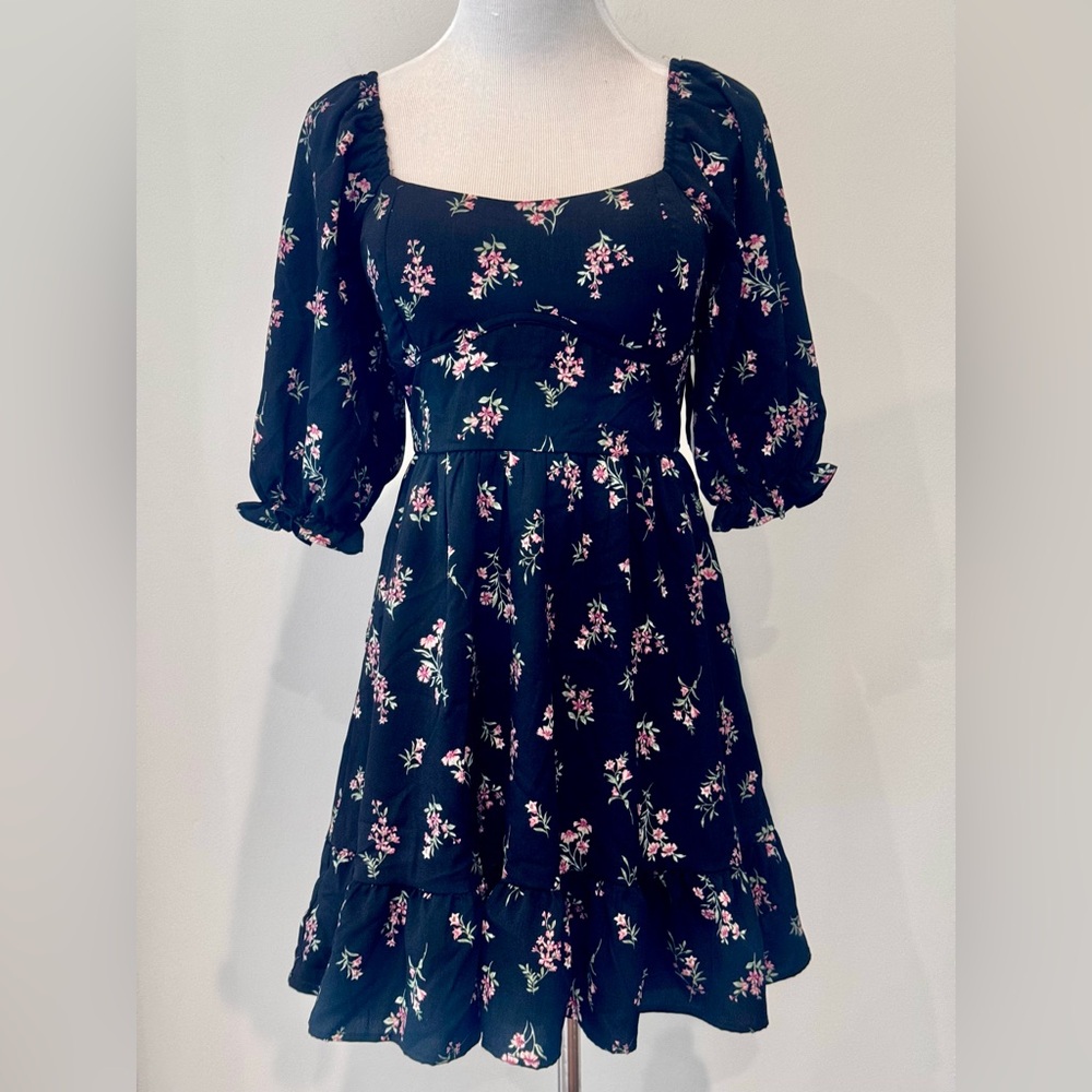 INSPIRED HEARTS NWT M Milk Maid Coquette Square Neck Black Floral Mini Dress Fun